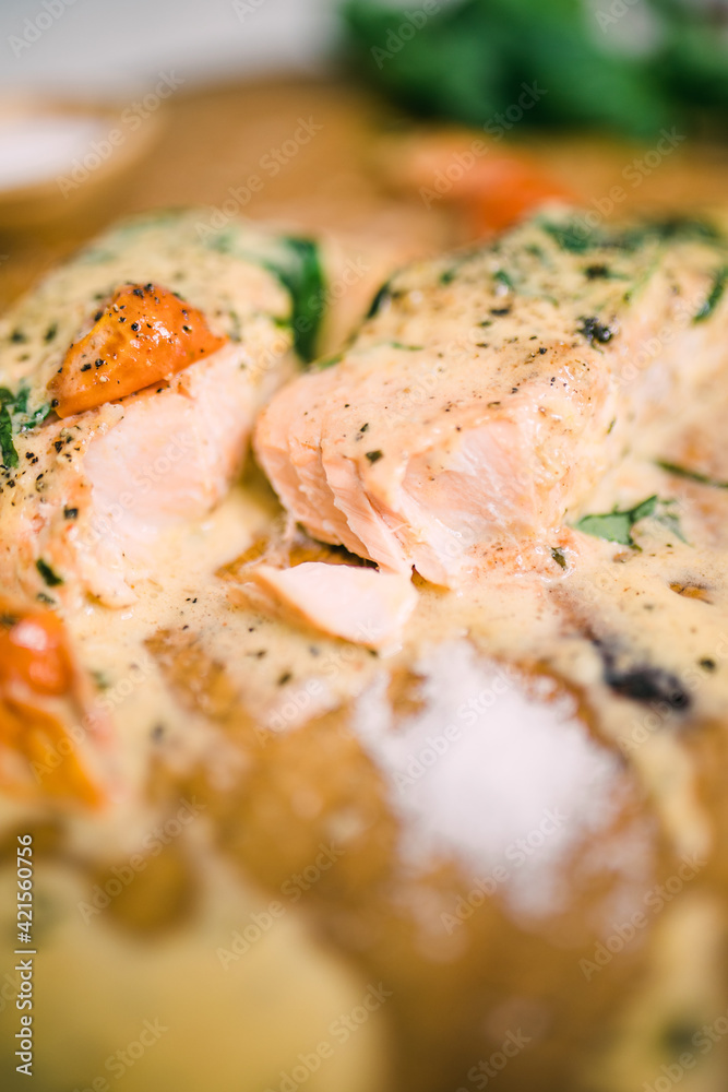 Savory Salmon Dinner with Alfredo Sauce and Vegetables Savory Salmon Dinner with Alfredo Sauce and Vegetables