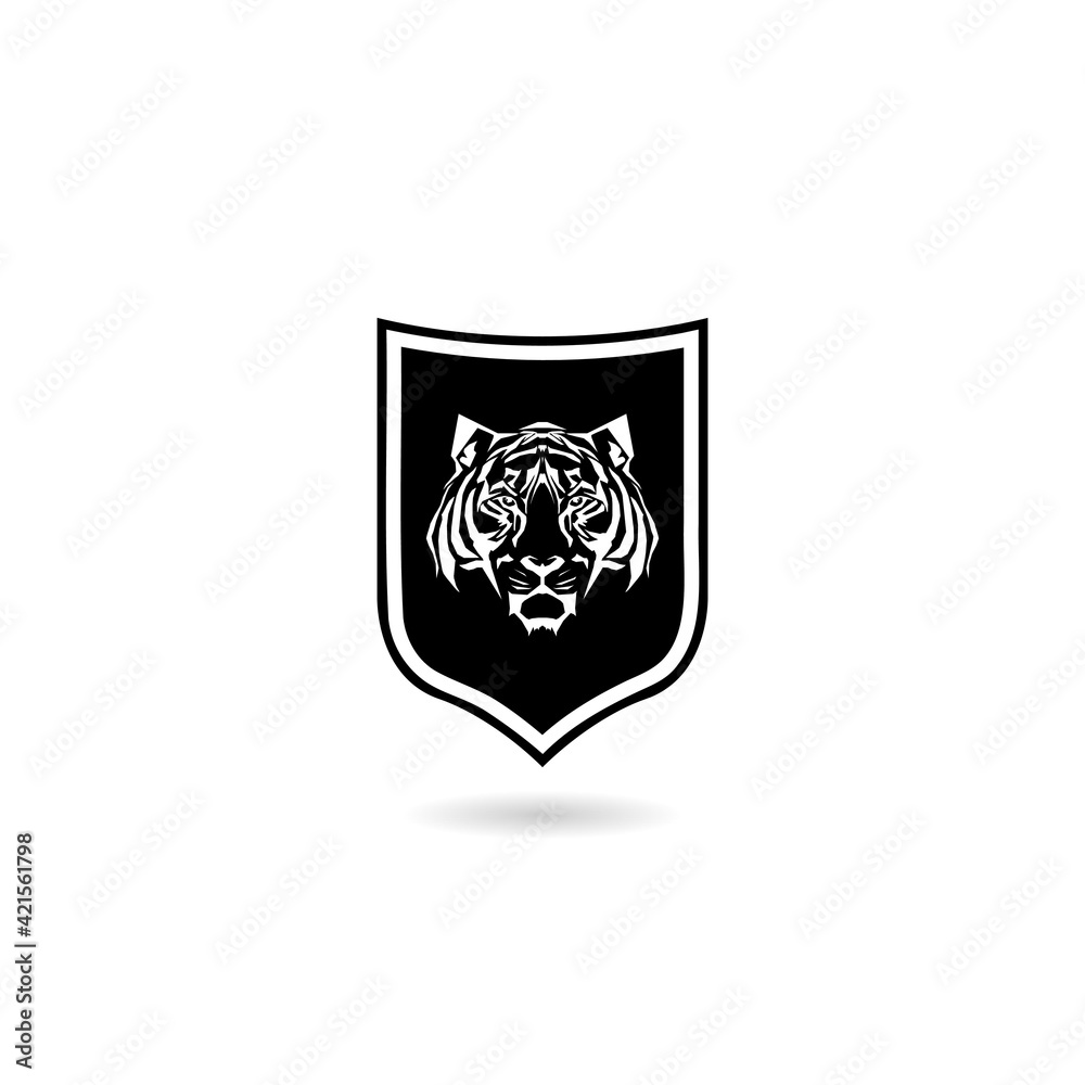 Fototapeta premium Tiger in shield icon with shadow