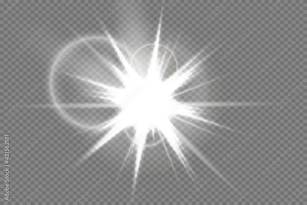 Light flare special effect with rays of light and magic sparkles. Glow transparent vector light effect set, explosion, glitter, spark, sun flash.