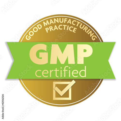 gold colored GOOD MANUFACTURING PRACTICE GMP certifier label or badge vector illustration photo