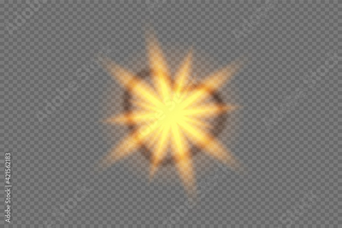 Yellow glowing light explodes on a transparent background. Transparent shining sun, bright flash. To center a bright flash. Sparkling magical dust particles. Vector sparkles.