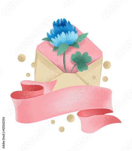 Clipart template for an inscription. Pink ribbon with a postal envelope and a blue flower. Wedding invitation, date, valentine's day. Delicate spring illustration in vintage boho style.