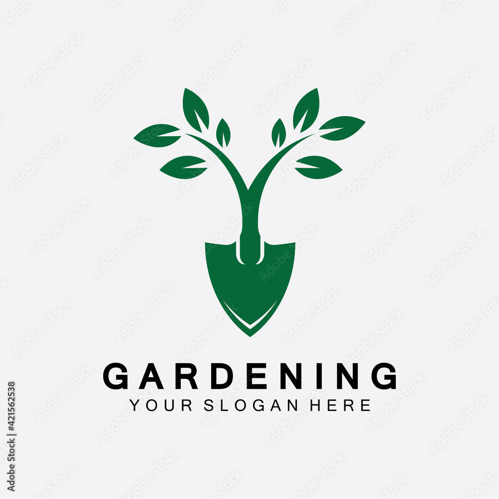 Gardening logo with shovel icon and tree with green leaves logo template. Gardening logo with shovel icon and tree with green leaves logo template.