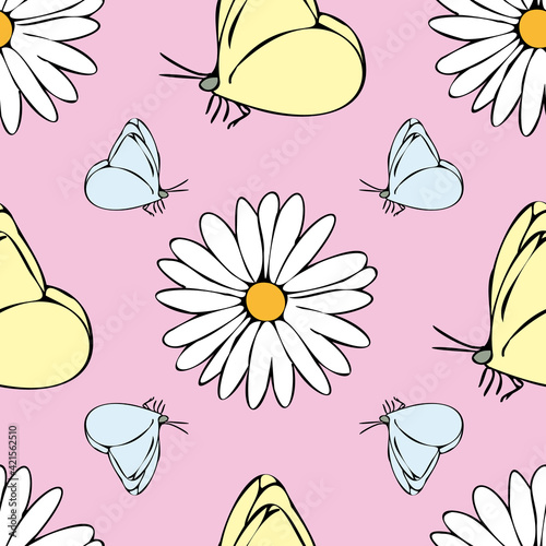 Vector pastel pink background daisy flowers and butterfly seamless pattern. butterflies. Seamless pattern background