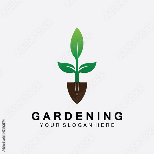 Gardening logo with shovel icon and tree with green leaves logo template.