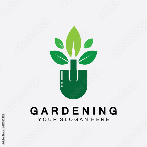 Gardening logo with shovel icon and tree with green leaves logo template.