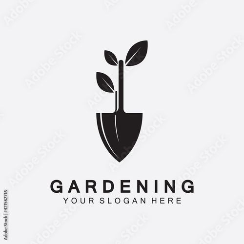 Gardening logo with shovel icon and tree with green leaves logo template.