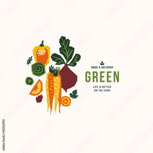 Organic papercut vegetables. Colored farm vegetables design template. Pepper, pumpkin, tomato, corn, fennel, beet. 