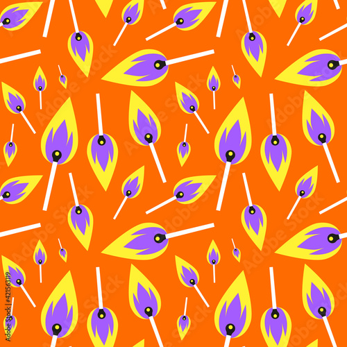Seamless pattern of burning matches on a orange background. Flat colorful vector illustration. Cartoon illustration. Color- exuberance. For a store, wallpaper, textiles, postcard, print, web.