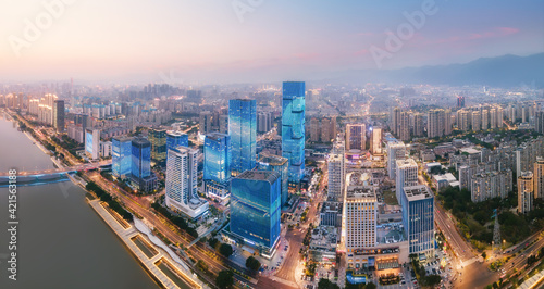 Aerial photography night view of modern architecture in Fuzhou city  China
