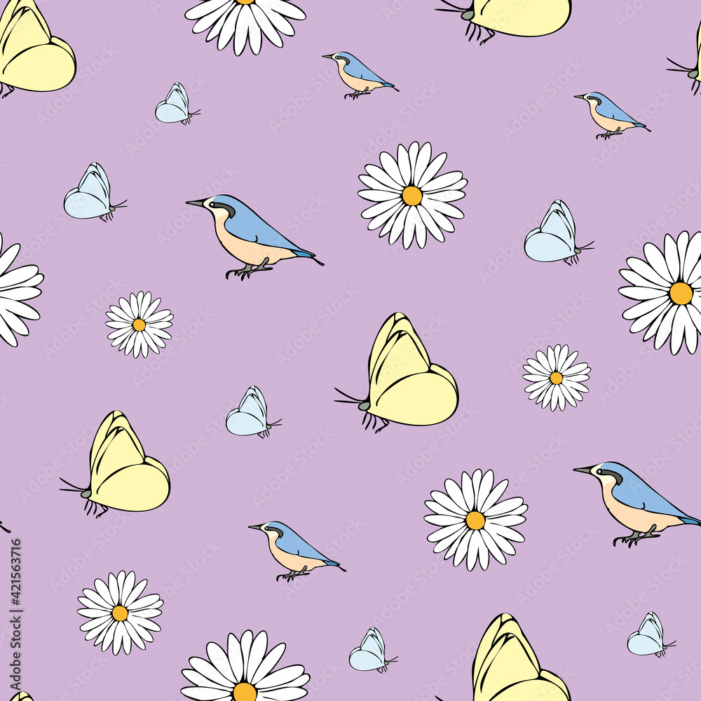 Vector pastel purple background daisy flowers, birds butterfly seamless pattern. butterflies. Seamless pattern background