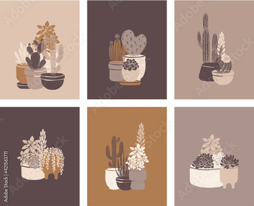 Cactus cards vintage collection. Succulent art print set. Vintage hand drawn style. 