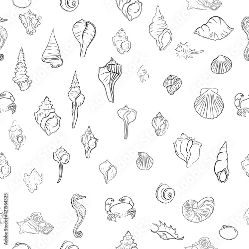 Elegant line sea shells, vector art seamless pattern illustration.