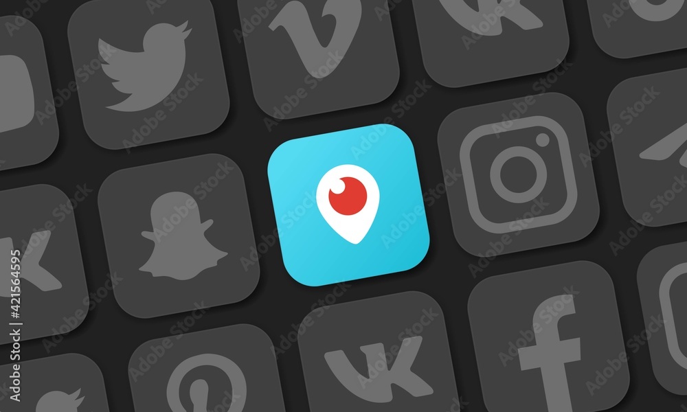 Periscope on the social media app background. Social media icons ...