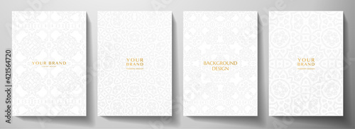 Floral white and light gray curve pattern cover design. Luxury abstract ornament on light background page. Premium vector collection for wedding brochure, invite, beauty booklet, luxe template