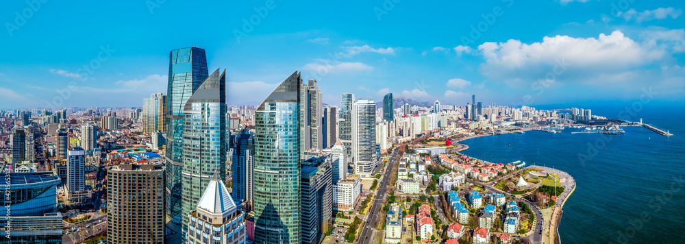 Aerial photography of the modern city coastline architectural landscape of Qingdao, China