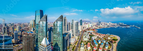 Canvas Print Aerial photography of the modern city coastline architectural landscape of Qingd