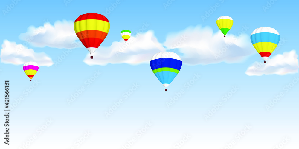 Obraz premium Bright, multi-colored balloons on a blue sky with white fluffy clouds. Light blue background. Day, morning. Vector illustration