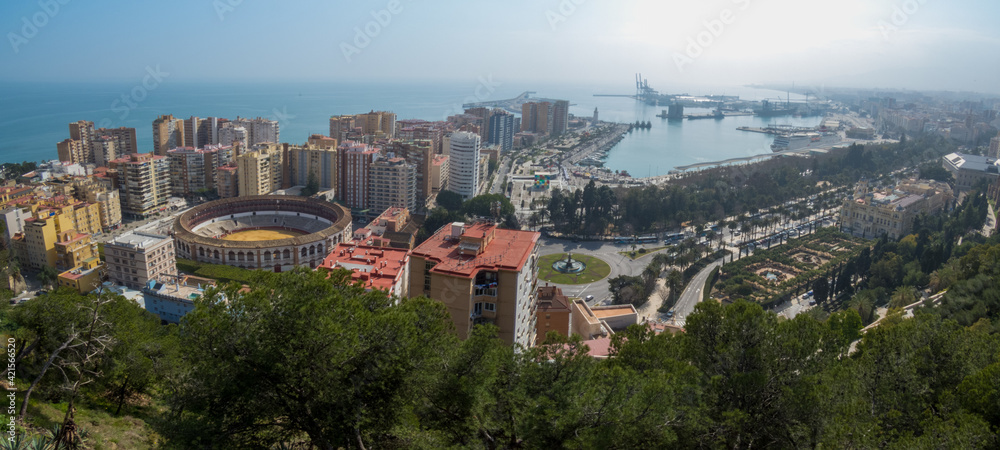 Naklejka premium Malaga, Spain. View of the seaport, bullring and part of the city from the Alcazaba