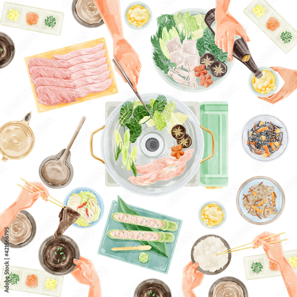 しゃぶしゃぶパーティー食事風景水彩手書きイラスト Stock Vector Adobe Stock