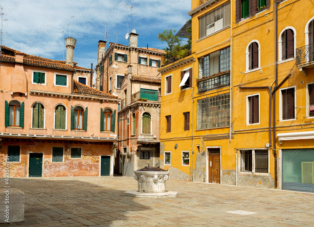 20 August 2019 - Venice, Italy. Typical view of the square in Venice, Italy. Picturesque landscape.