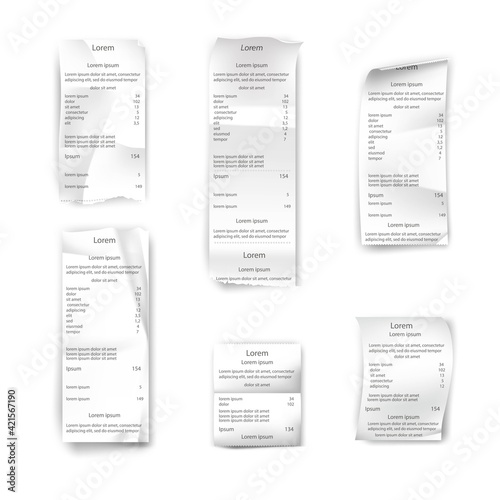 Receipt set. Paper bills, shop and supermarket checks vector illustration. Realistic lists of purchases with prices, taxes, payment with money on white background. Finance transactions