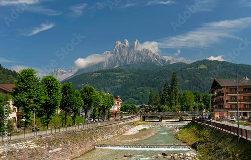 Fiera di Primiero, Pale di San Martino village with Dolomite peaks in Val di Primiero Noana of Trentino Alto-Adige, Italy