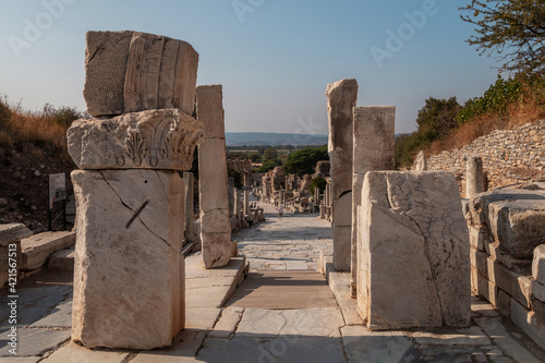 Curetes Street, one of the main streets of Ephesus in Izmir Selcuk, Turkey. Hercules Gate. Ephesus was founded in the X century BC, destroyed in the XV century. A popular place in Turkey. photo