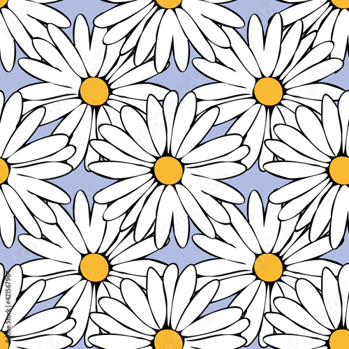 Vector pastel blue background daisy flowers seamless pattern. butterflies. Seamless pattern background