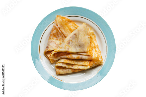 crepes breakfast thin pancakes sweet dessert flat cake Shrovetide snack healthy meal top view copy space for text food background rustic