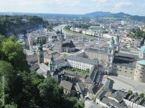 Downtown Salzberg, Austria, at the Residenzplatz Overview landscape from Hohensalzberg Fortress and the Salzach River photo