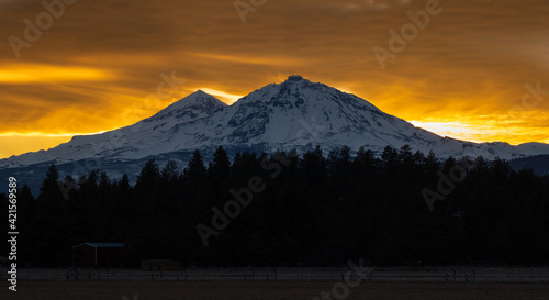 The view of Mt Bachelor and the three sisters from Sisters Oregon during sunset, cascade mountain range