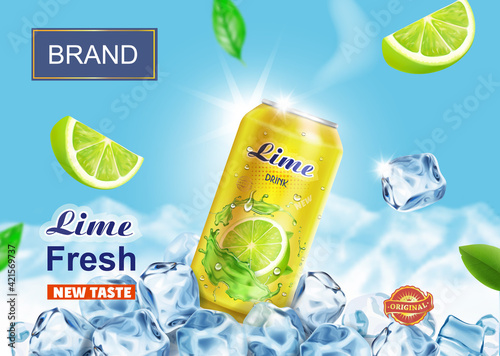 Lime drink in aluminium can with ice cubes and mountains on background. Vector advertising