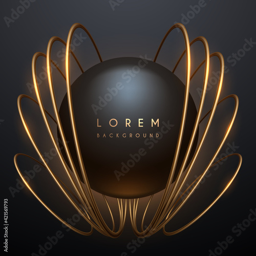 Abstract black sphere with golden rings background