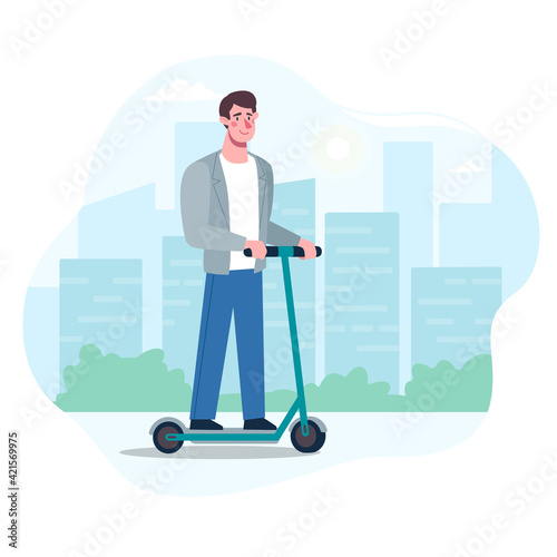 A man is riding a modern electric scooter, heading to work in the office. Eco-friendly alternative transport, friendly to the environment. Vector illustration of a guy in flat style on a city