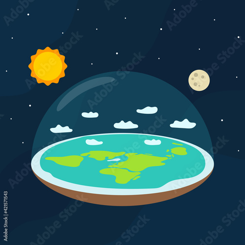 Theory of flat Earth. Flat Earth in space with sun and moon. Vector illustration