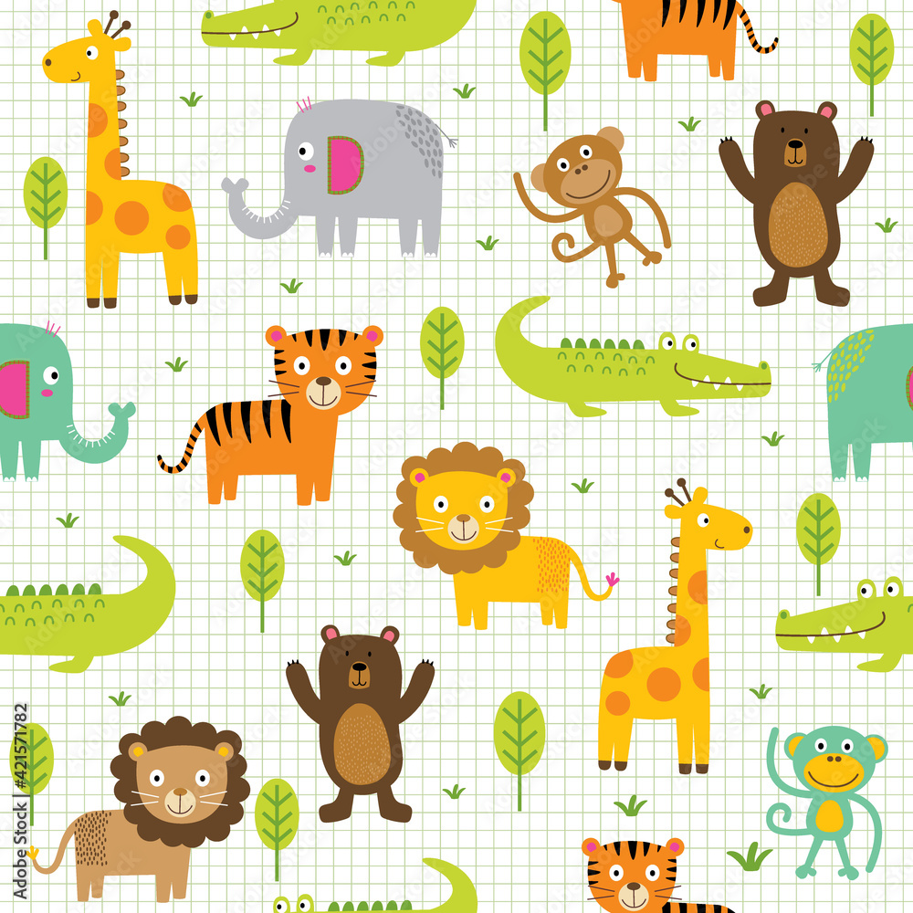 Seamless cute character animals on jungle, cartoon animal zoo Seamless cute character animals on jungle, cartoon animal zoo