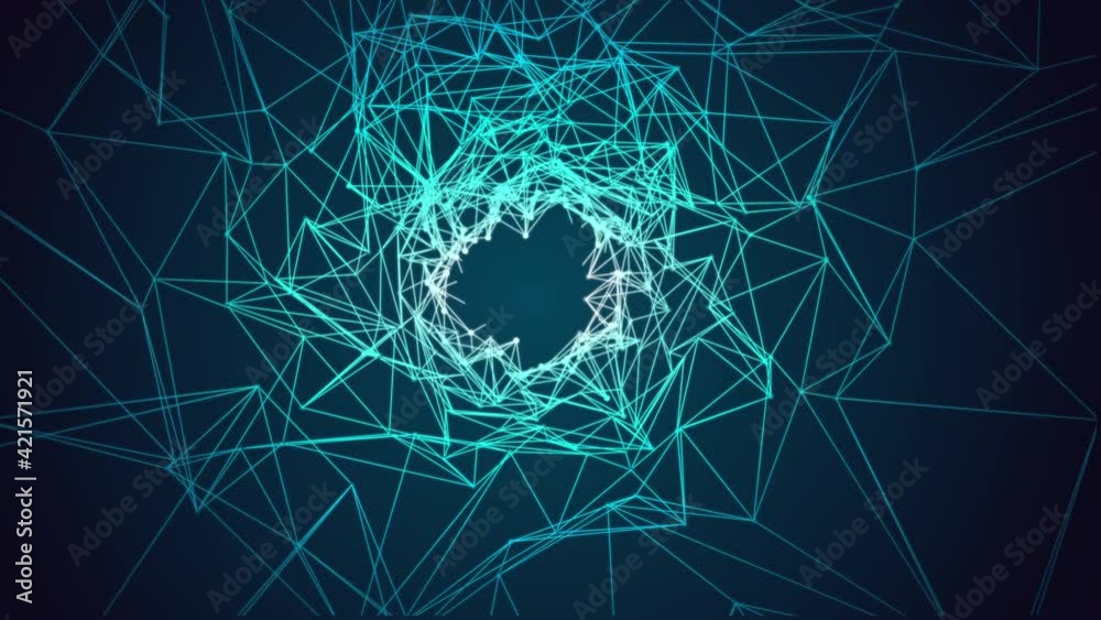 Plexus tunnel. Geometrical lines and dots. Space net background
