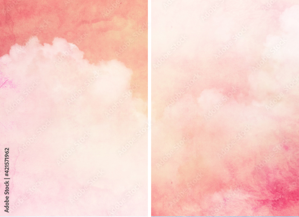 Tender color sky with clouds in two backgrounds. Watercolor