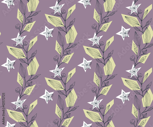 Twigs and flowers seamless pattern ornament. Vector pattern. Vector ornamental hand drawing decorative background.