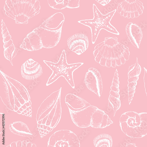 Vector pink seashells texture background seamless pattern print