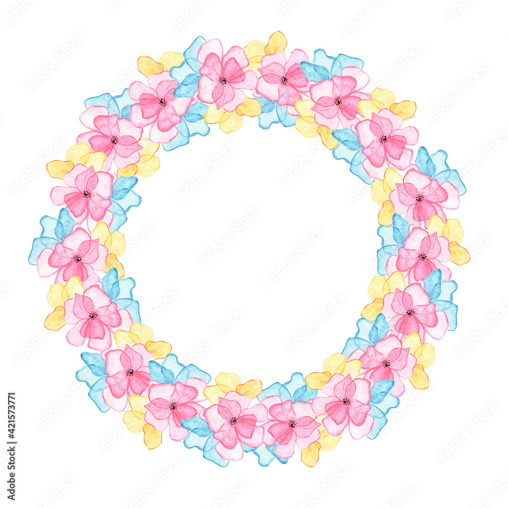 A wreath of pink watercolor flowers with blue and yellow petals. Hand painted floral frame with place for text. Template for oktykok, wedding invitations, valentine's day. A wreath of pink watercolor flowers with blue and yellow petals. Hand painted floral frame with place for text. Template for oktykok, wedding invitations, valentine's day.