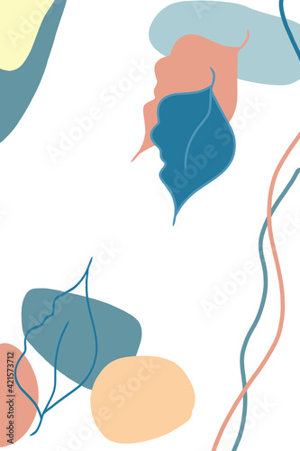 Poster with abstract elements and leaves in pastel colors in a minimal style. Hand-drawn various shapes and doodle objects. Modern trendy illustrations.