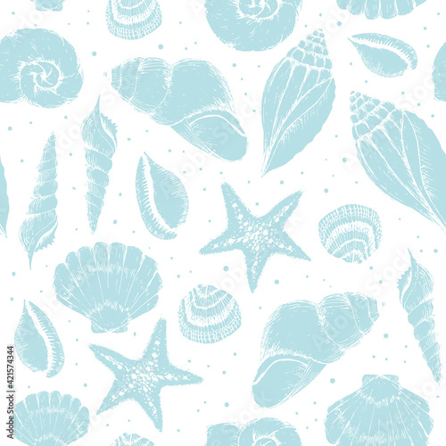 Vector white and blue seashells texture background seamless pattern print