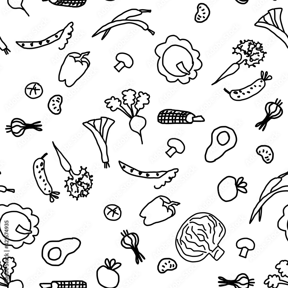 Seamless vegetables doodle pattern, black and white background Seamless vegetables doodle pattern, black and white background