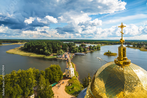 Panorama of the Nilo-Stolobensky desert in the Tver region on the background of lake Seliger from the dome of the Epiphany Cathedral of the monastery. Tver region, Russia