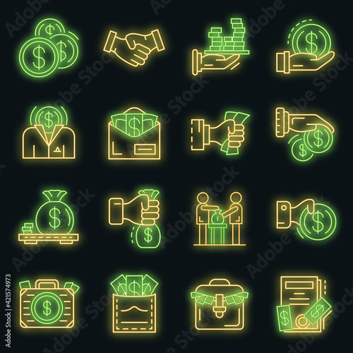 Bribery icon set. Outline set of bribery vector icons neon color on black