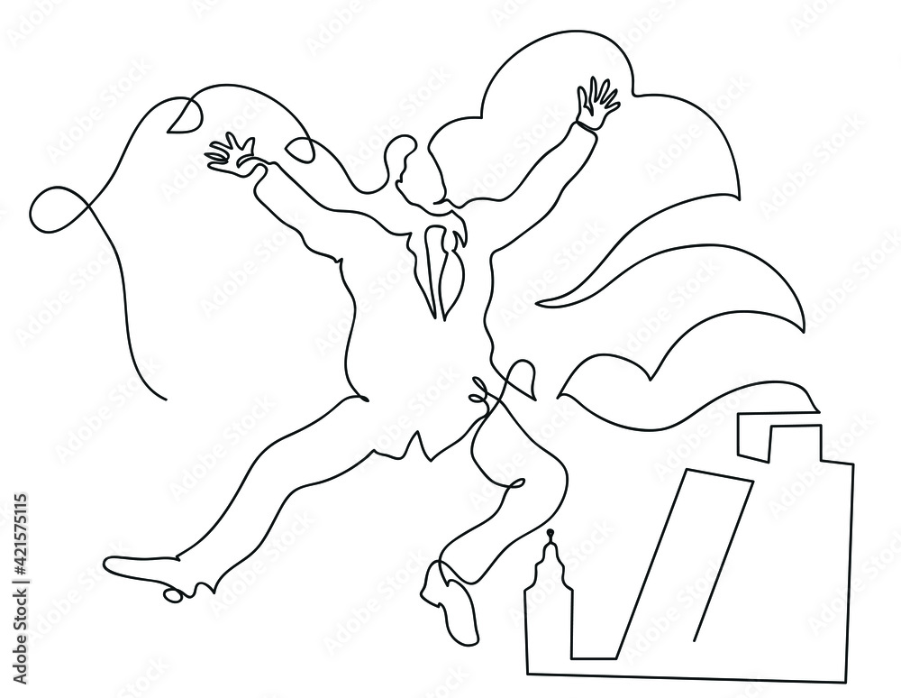 One line drawing of jumping businessman over clouds.
One continuous line drawing of successful businessman concept.
