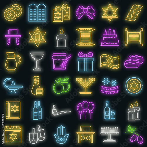 Hanukkah icon set. Outline set of hanukkah vector icons neon color on black