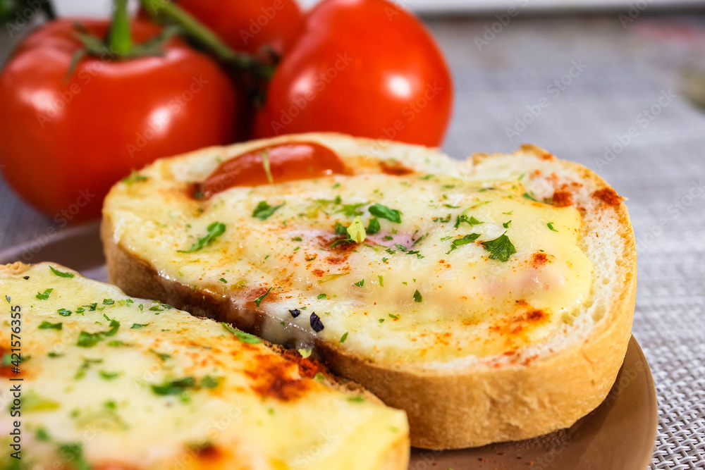 Two delicious sandwiches with melted cheese and herbs on a saucer. A quick snack. Two delicious sandwiches with melted cheese and herbs on a saucer. A quick snack.